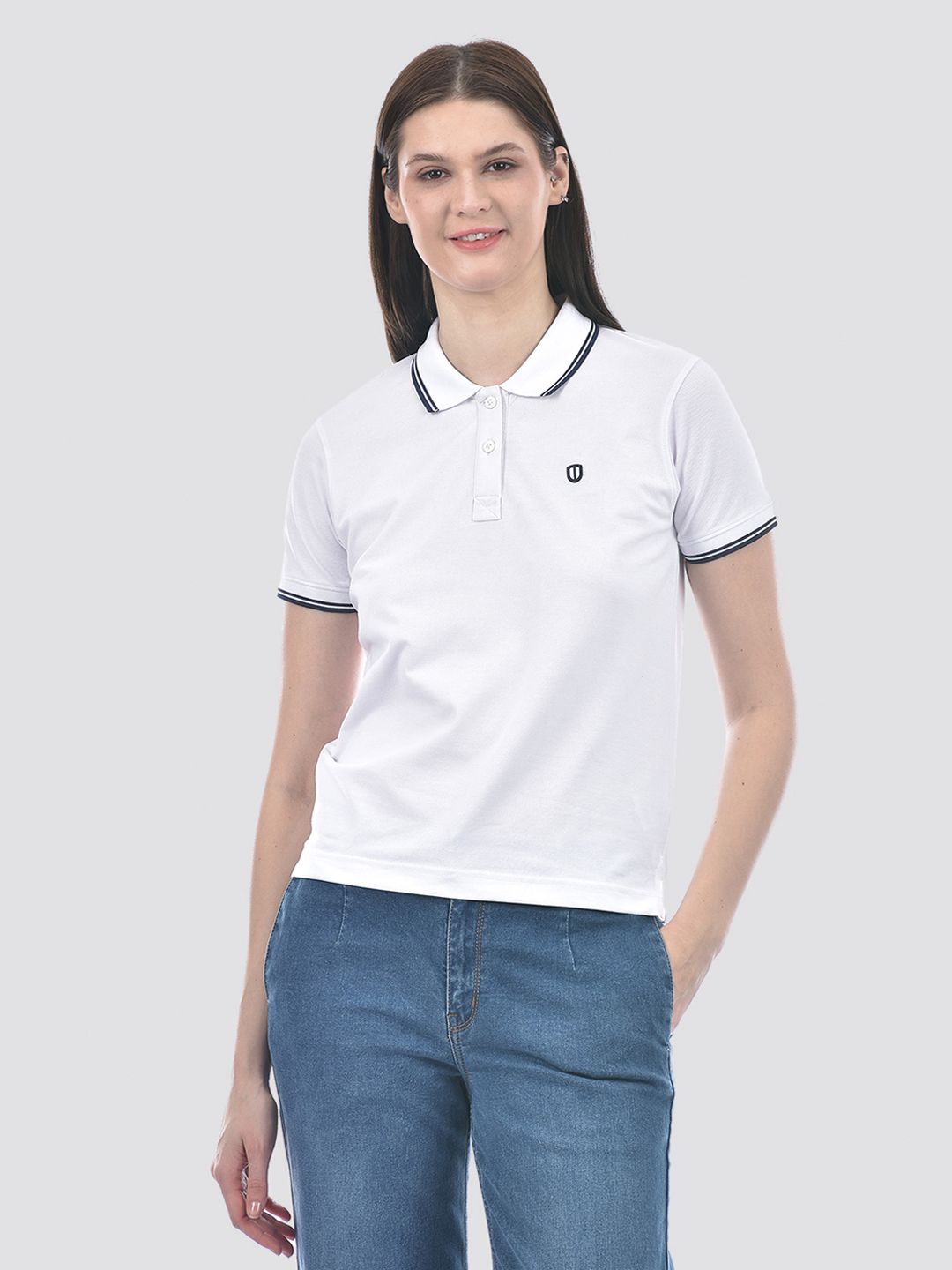 Numero Uno Women White Tipped Collar Polo Neck T-Shirt